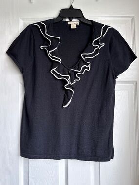 Evie Black Smooth Knit Ruffle V-Neck Top White Trim Cotton